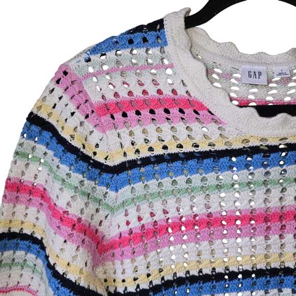 GAP Womens Crochet Sweater Size L Multicolor Striped Short Sleeve Beachy Summer - Picture 3 of 9